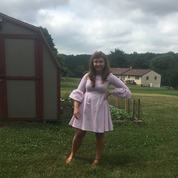 Like new pink and white striped belle sleeved midi country dress - Picture 1 of 8